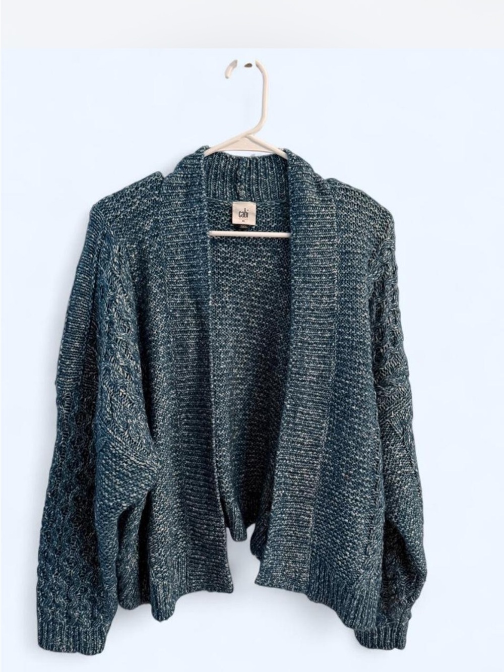 CAbi Open-Front Chunky Knit Cardigan in Teal Heather